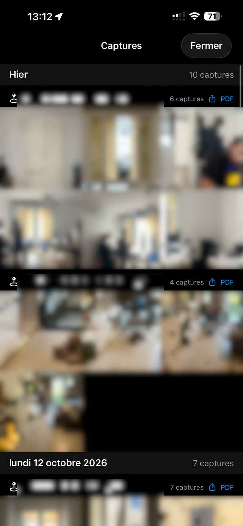 Gallery grouped by day and by place, with PDF buttons