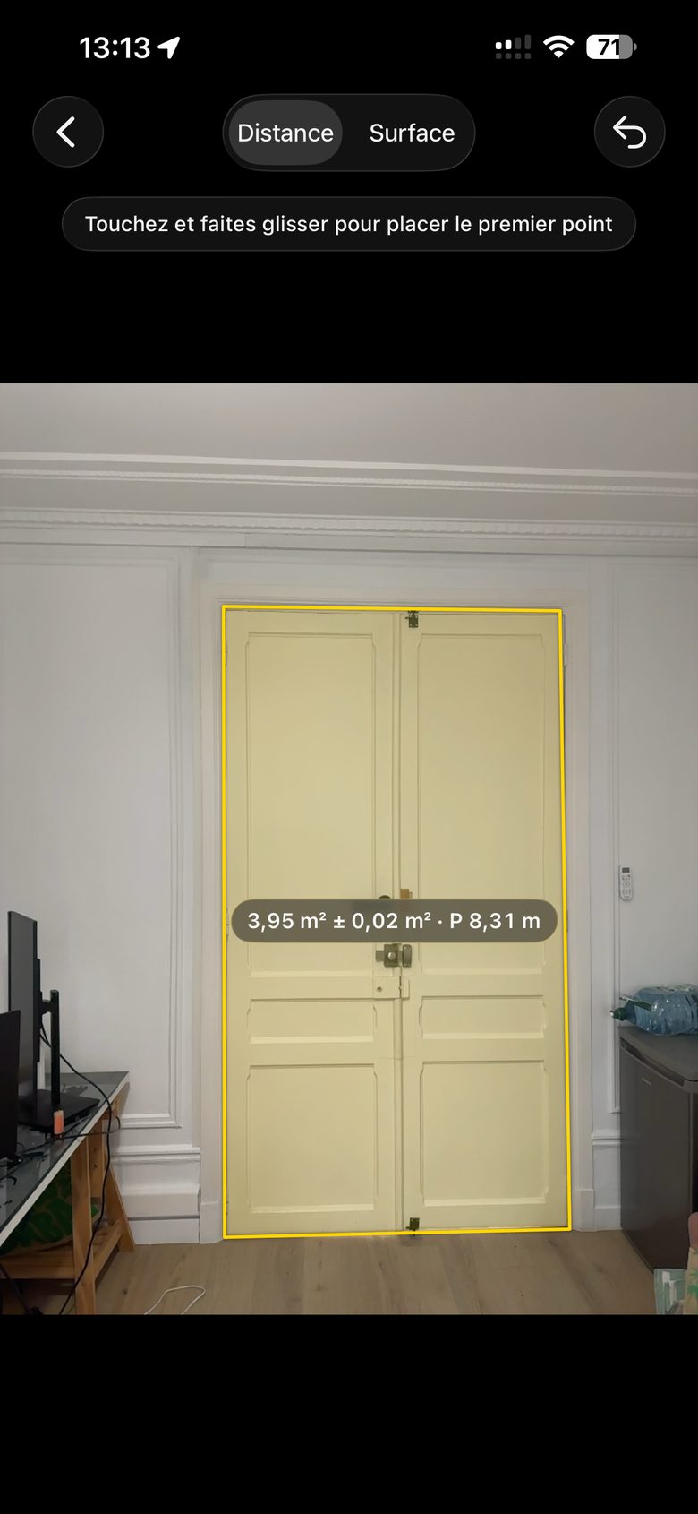 Door surface measured on a photo: 3.95 square metres, perimeter 8.31 m